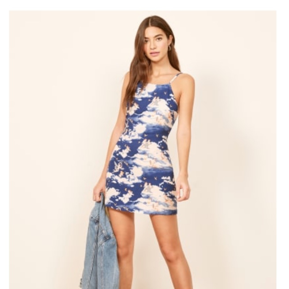 Reformation Blue and Cream Cloud Print Mini Dress
